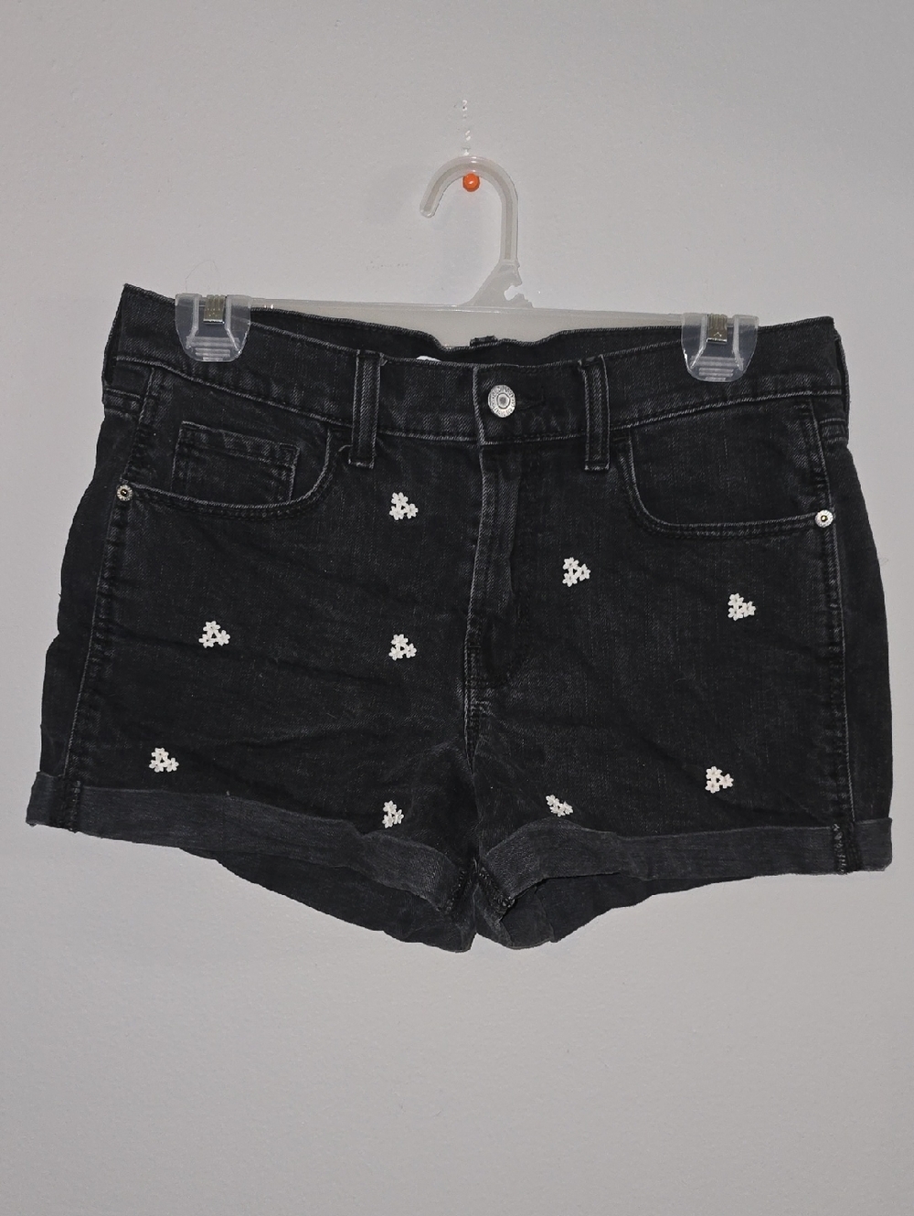 Old Navy Black Denim Shorts with White Floral Embroidery